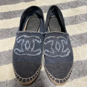 CHANEL LINEN CC ESPADRILLES 35 FLATS BLUE BLACK SIZE 40